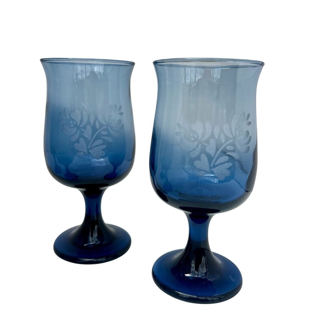 Set of 4 Pfaltzgraff Yorktowne Cobalt Blue Water Goblets - Frosted Floral - 7" - Picture 4 of 10